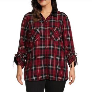 John Mark Plaid Velvet Point Collar 3/4 Cinched Tie Sleeve Button Front Tunic